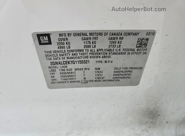 2GNALCEK7G1155321 2016 CHEVROLET EQUINOX White VIN sticker view