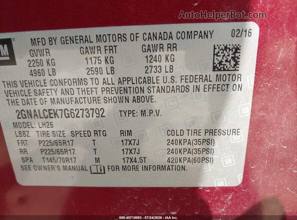 2GNALCEK7G6273792 2016 CHEVROLET EQUINOX Burgundy Շարժիչի բաժամունքի տեսք