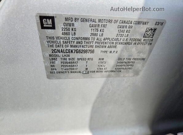 2GNALCEK7G6298756 2016 CHEVROLET EQUINOX Silver Вид наклейки з VIN-кодом