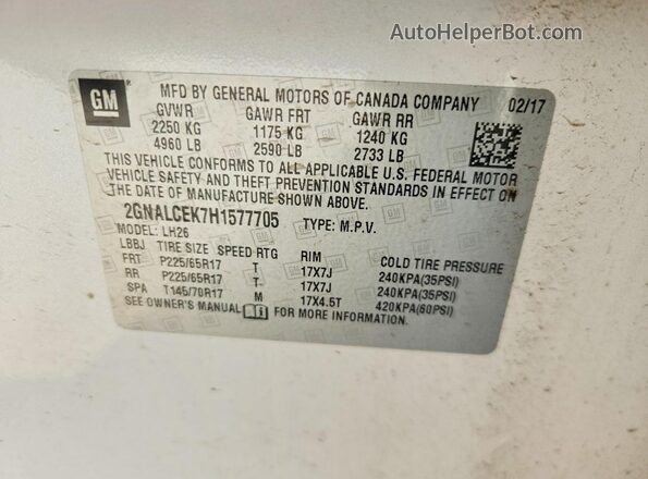 2GNALCEK7H1577705 2017 CHEVROLET EQUINOX White Widok naklejki z numerem VIN