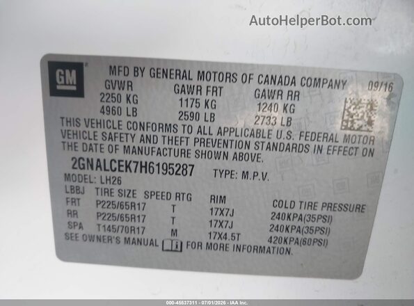 2GNALCEK7H6195287 2017 CHEVROLET EQUINOX Белый Вид подкапотного пространства