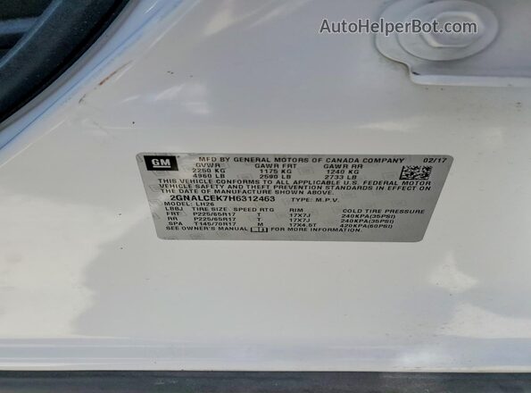2GNALCEK7H6312463 2017 CHEVROLET EQUINOX White VIN կոդի պիտակի տեսք