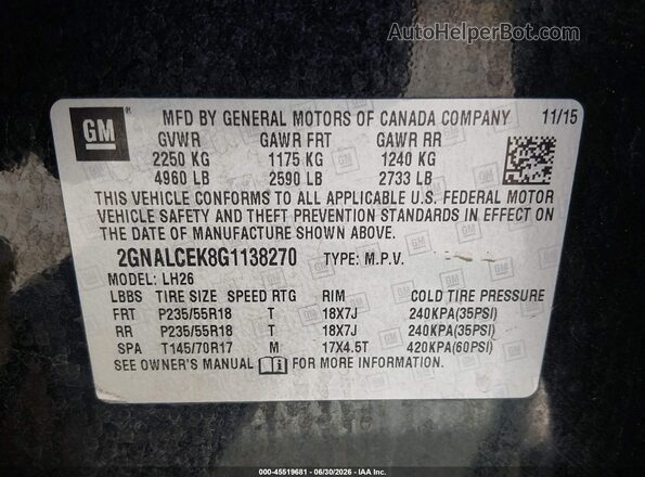 2GNALCEK8G1138270 2016 CHEVROLET EQUINOX Black Շարժիչի բաժամունքի տեսք
