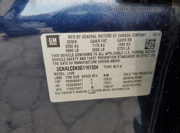 2GNALCEK8G1161354 2016 CHEVROLET EQUINOX Blue VIN կոդի պիտակի տեսք