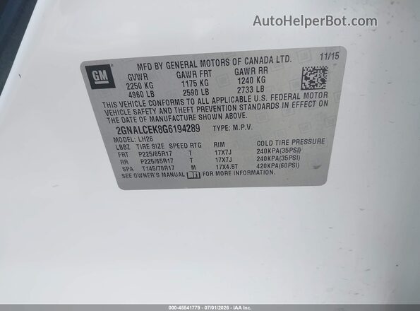 2GNALCEK8G6194289 2016 CHEVROLET EQUINOX White Engine compartment view