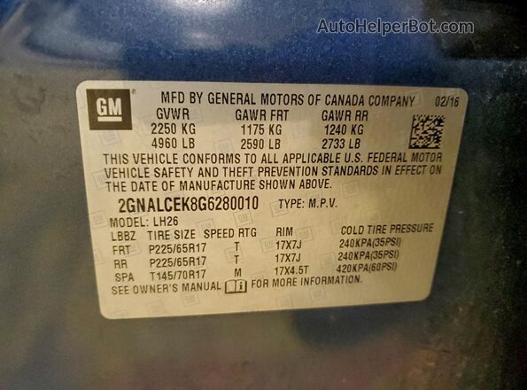 2GNALCEK8G6280010 2016 CHEVROLET EQUINOX Blue ძრავის განყოფილების ხედი
