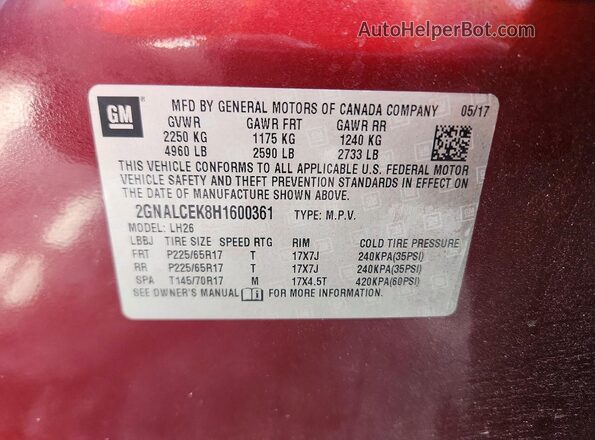 2GNALCEK8H1600361 2017 CHEVROLET EQUINOX Бордовый Панорамный вид салона 360°