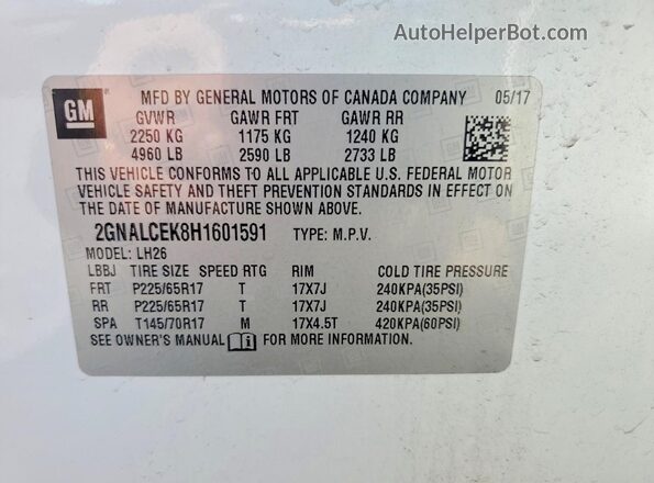 2GNALCEK8H1601591 2017 CHEVROLET EQUINOX White VIN sticker view