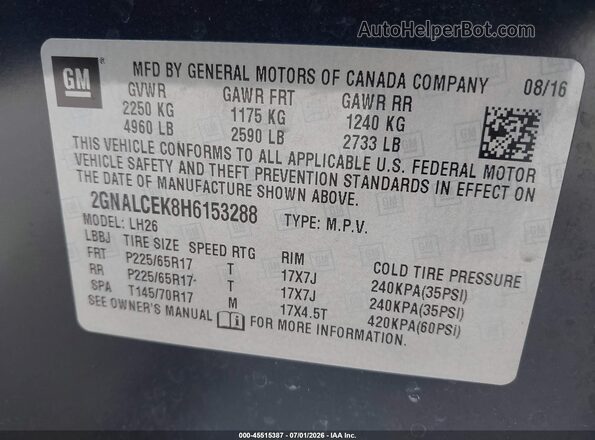 2GNALCEK8H6153288 2017 CHEVROLET EQUINOX Blue Widok komory silnika