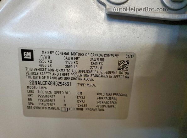 2GNALCEK8H6294331 2017 CHEVROLET EQUINOX Silver Вид наклейки з VIN-кодом