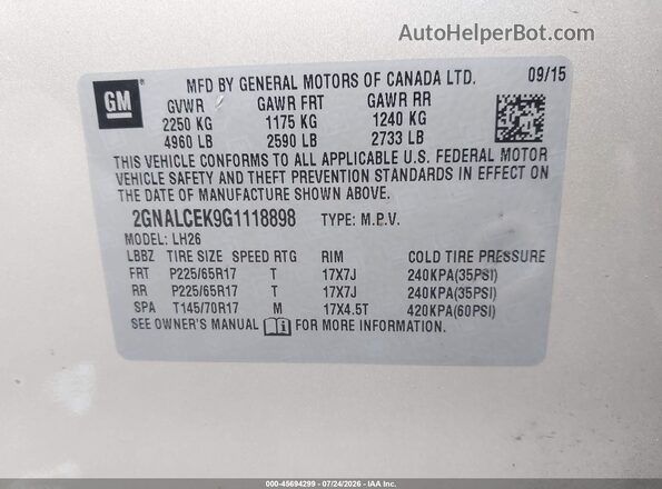 2GNALCEK9G1118898 2016 CHEVROLET EQUINOX Gold Engine compartment view