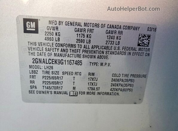 2GNALCEK9G1167485 2016 CHEVROLET EQUINOX Silver VIN sticker view