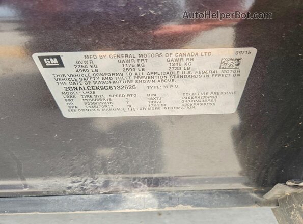 2GNALCEK9G6132626 2016 CHEVROLET EQUINOX Черный Вид наклейки с VIN-кодом