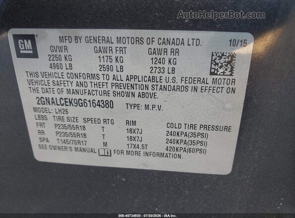 2GNALCEK9G6164380 2016 CHEVROLET EQUINOX Gray Շարժիչի բաժամունքի տեսք
