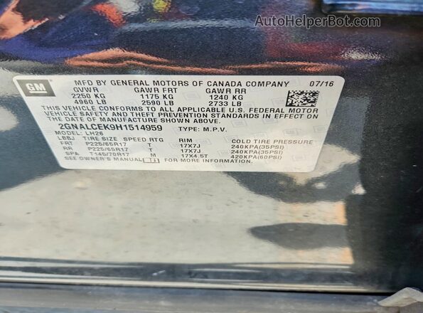 2GNALCEK9H1514959 2017 CHEVROLET EQUINOX Gray Vista de la etiqueta del VIN
