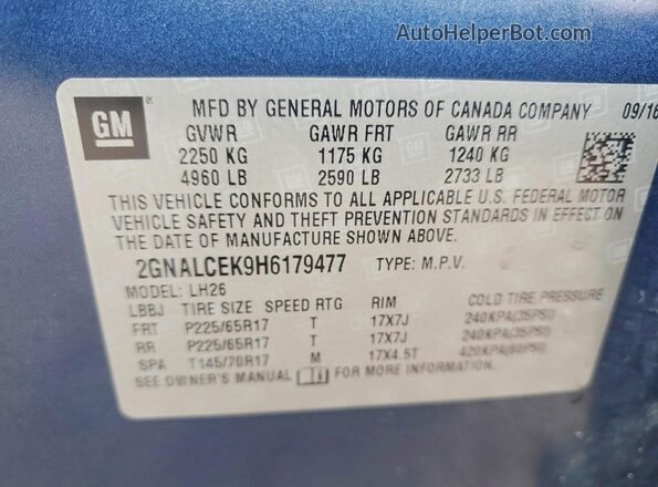 2GNALCEK9H6179477 2017 CHEVROLET EQUINOX Blue VIN sticker view