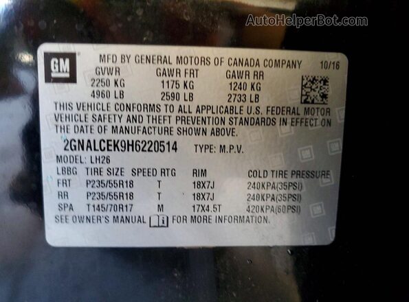 2GNALCEK9H6220514 2017 CHEVROLET EQUINOX Black Widok naklejki z numerem VIN