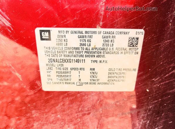 2GNALCEKXG1149111 2016 CHEVROLET EQUINOX Red VIN კოდის სტიკერის ხედი