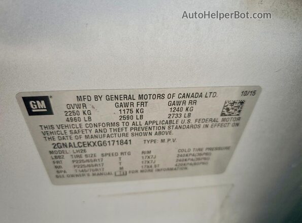 2GNALCEKXG6171841 2016 CHEVROLET EQUINOX Silver Vista de la etiqueta del VIN