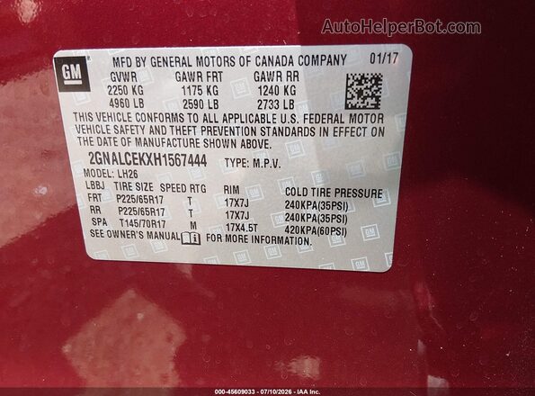 2GNALCEKXH1567444 2017 CHEVROLET EQUINOX Red Вид підкапотного простору