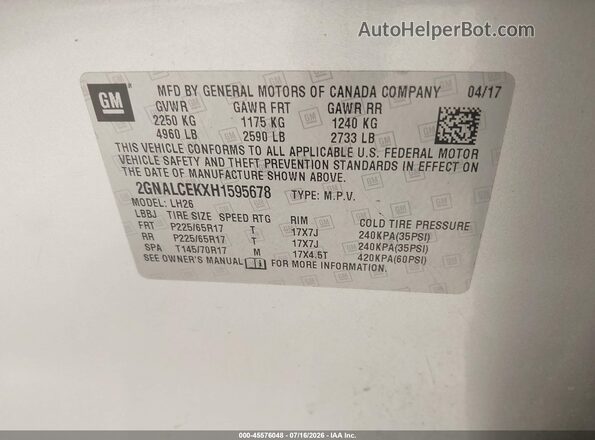 2GNALCEKXH1595678 2017 CHEVROLET EQUINOX Gray ძრავის განყოფილების ხედი