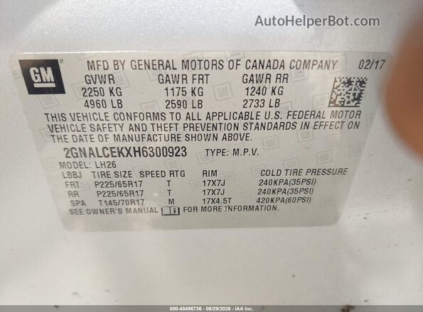 2GNALCEKXH6300923 2017 CHEVROLET EQUINOX Silver Vista de la etiqueta del VIN