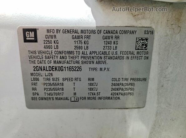 2GNALDEK0G1165226 2016 CHEVROLET EQUINOX Белый Вид наклейки с VIN-кодом
