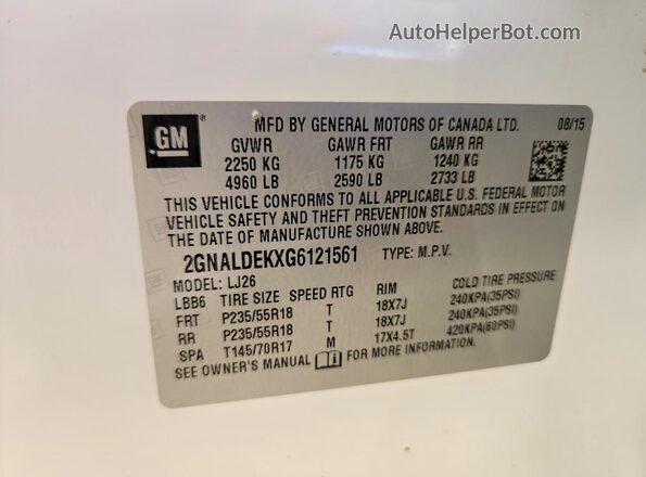 2GNALDEKXG6121561 2016 CHEVROLET EQUINOX White VIN կոդի պիտակի տեսք