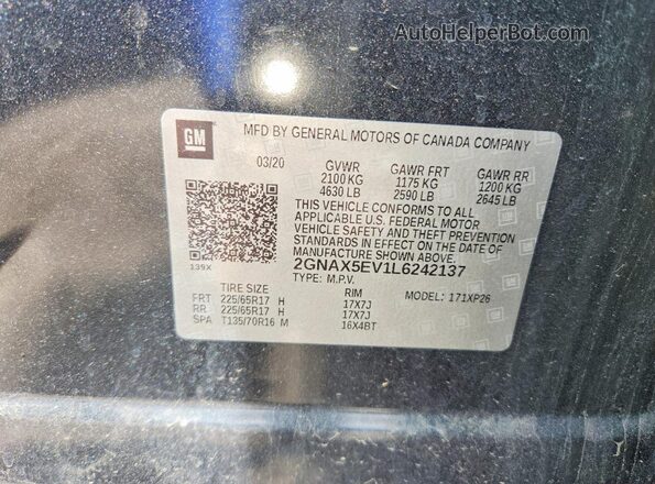 2GNAX5EV1L6242137 2020 CHEVROLET EQUINOX Gray Vista de la etiqueta del VIN