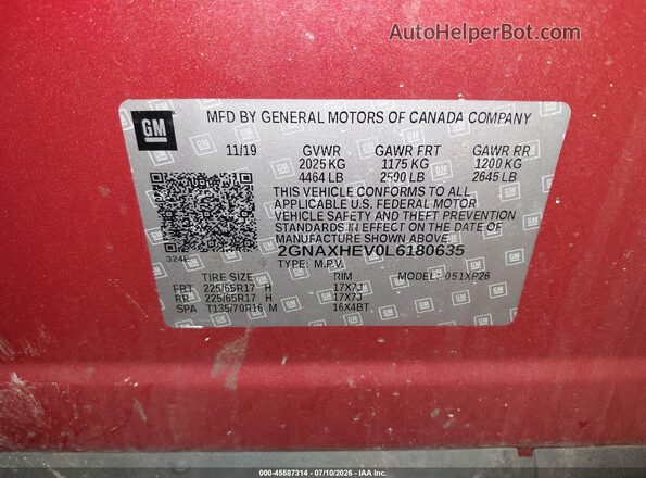 2GNAXHEV0L6180635 2020 CHEVROLET EQUINOX Orange Շարժիչի բաժամունքի տեսք