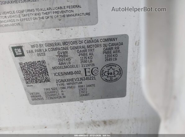 2GNAXHEV3J6345221 2018 CHEVROLET EQUINOX White Вид підкапотного простору