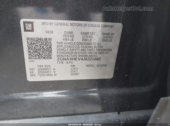 2GNAXHEV4J6321882 2018 CHEVROLET EQUINOX Серый Вид подкапотного пространства