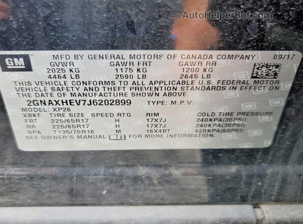 2GNAXHEV7J6202899 2018 CHEVROLET EQUINOX Black VIN sticker view