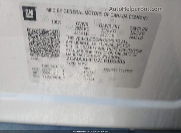 2GNAXHEV7L6165405 2020 CHEVROLET EQUINOX Серебряный Вид подкапотного пространства