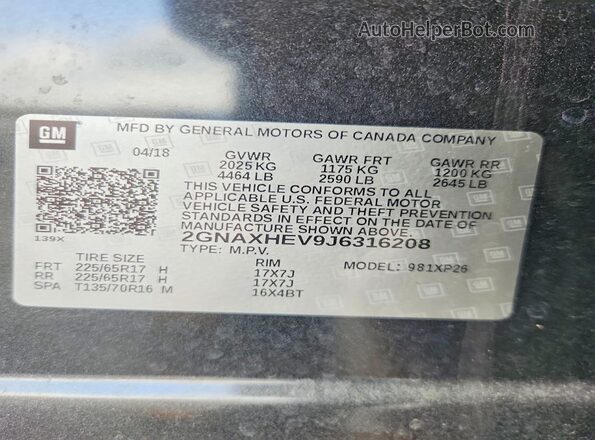 2GNAXHEV9J6316208 2018 CHEVROLET EQUINOX Gray Vista de la etiqueta del VIN