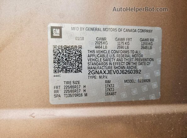 2GNAXJEV0J6260392 2018 CHEVROLET EQUINOX Tan ძრავის განყოფილების ხედი