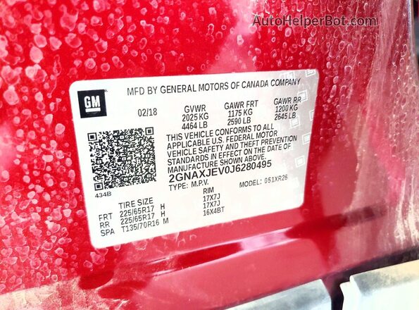 2GNAXJEV0J6280495 2018 CHEVROLET EQUINOX Burgundy Widok naklejki z numerem VIN