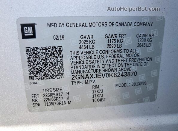 2GNAXJEV0K6243870 2019 CHEVROLET EQUINOX Серебряный Панорамный вид салона 360°