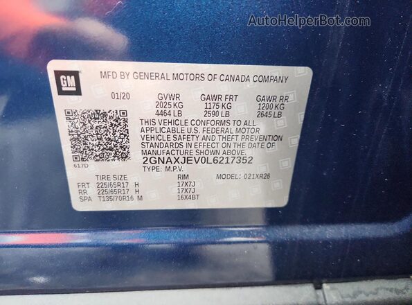 2GNAXJEV0L6217352 2020 CHEVROLET EQUINOX Blue Engine compartment view