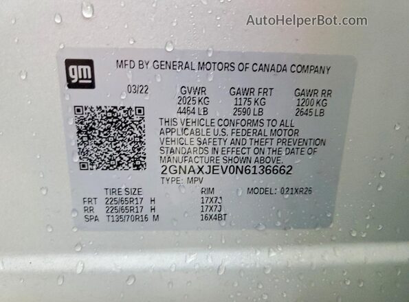 2GNAXJEV0N6136662 2022 CHEVROLET EQUINOX Silver VIN կոդի պիտակի տեսք