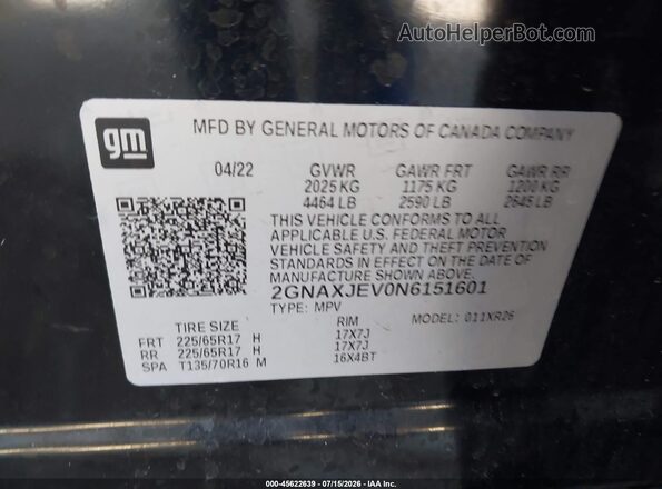 2GNAXJEV0N6151601 2022 CHEVROLET EQUINOX Black Vista del compartimento del motor