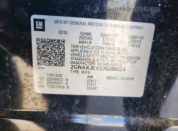 2GNAXJEV1J6288024 2018 CHEVROLET EQUINOX Black VIN sticker view