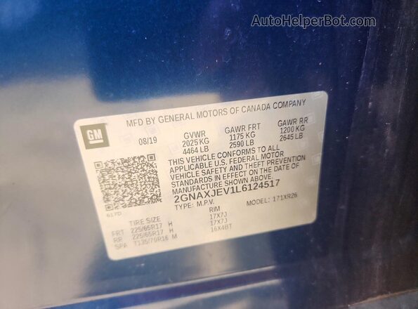 2GNAXJEV1L6124517 2020 CHEVROLET EQUINOX Blue Вид наклейки з VIN-кодом