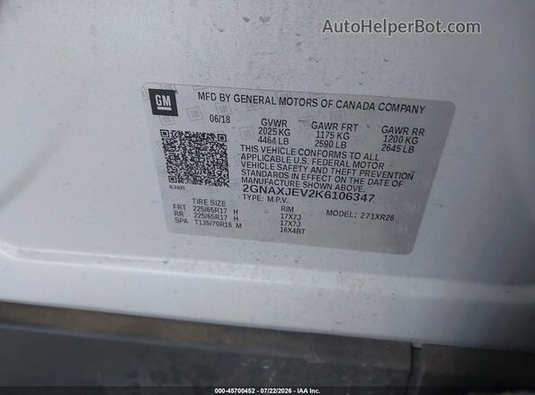 2GNAXJEV2K6106347 2019 CHEVROLET EQUINOX Серебряный Вид подкапотного пространства