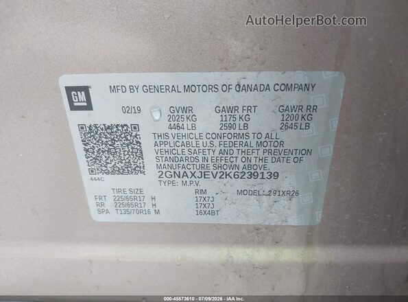 2GNAXJEV2K6239139 2019 CHEVROLET EQUINOX Gold Widok komory silnika