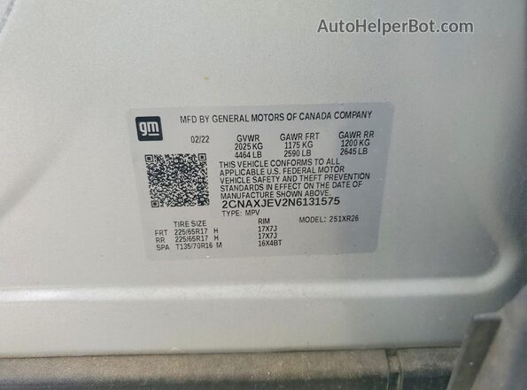2GNAXJEV2N6131575 2022 CHEVROLET EQUINOX Silver Вид наклейки з VIN-кодом