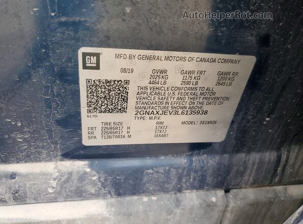 2GNAXJEV3L6135938 2020 CHEVROLET EQUINOX Blue Widok komory silnika