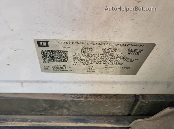 2GNAXJEV4J6319489 2018 CHEVROLET EQUINOX White VIN կոդի պիտակի տեսք