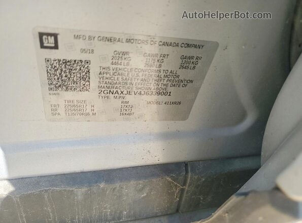 2GNAXJEV4J6339001 2018 CHEVROLET EQUINOX Серебряный Вид наклейки с VIN-кодом
