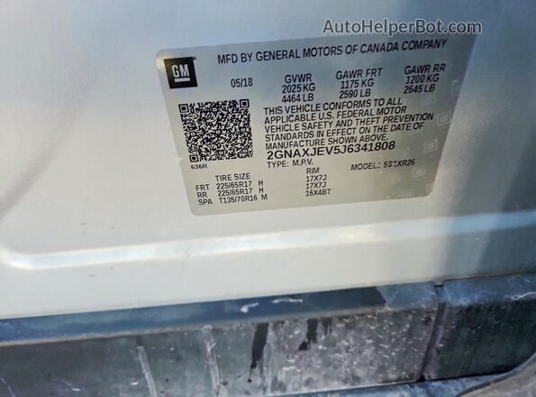 2GNAXJEV5J6341808 2018 CHEVROLET EQUINOX Silver Widok naklejki z numerem VIN
